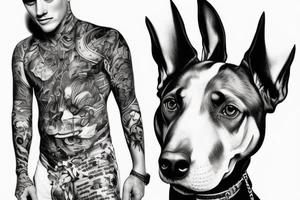 A man holding a barking Doberman on the leash tattoo idea