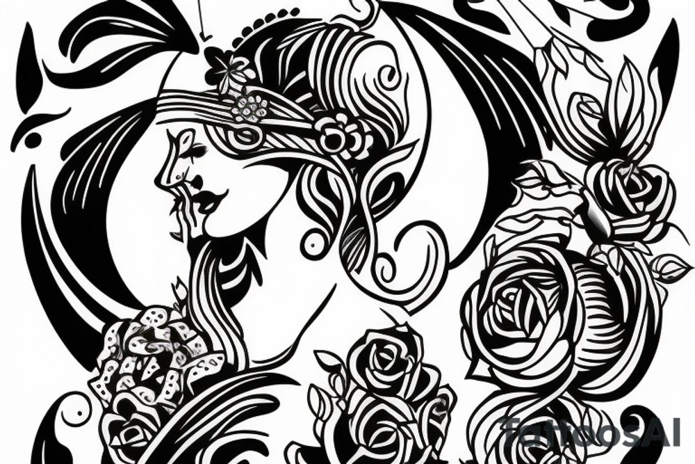 Neotraditional fortuna goddess in blindfold tattoo idea
