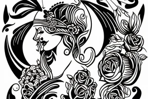 Neotraditional fortuna goddess in blindfold tattoo idea