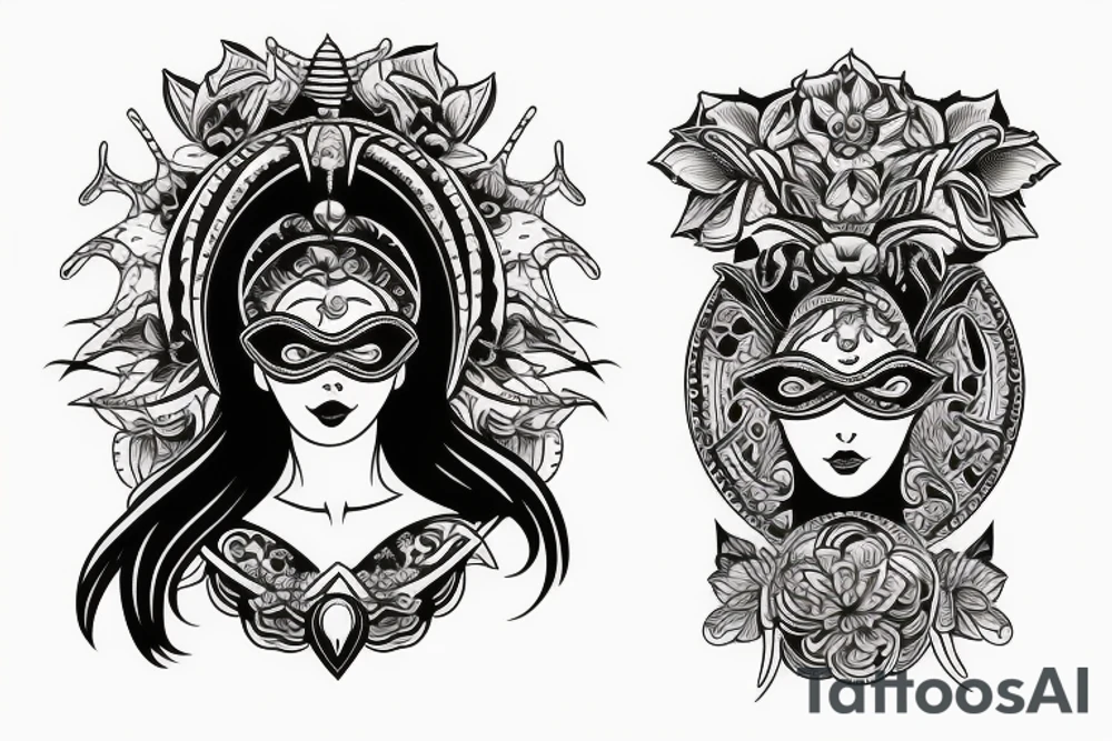 Neotraditional fortuna goddess in blindfold tattoo idea
