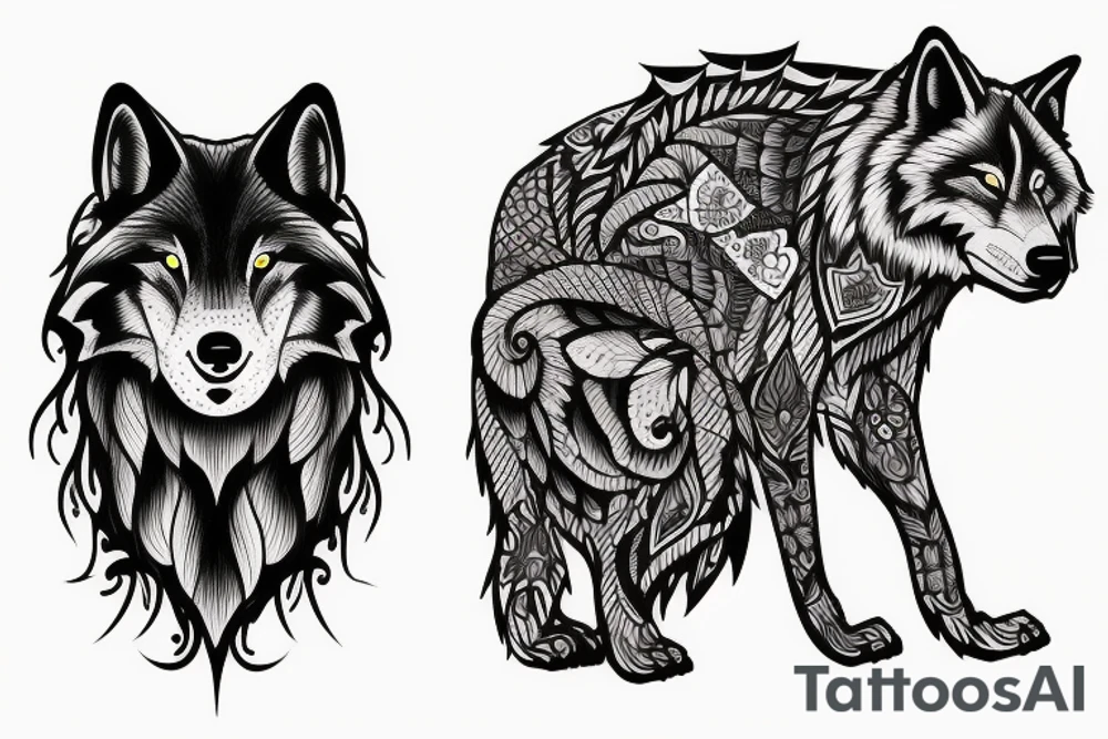 Big tree wolf and girl tattoo idea