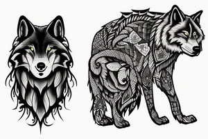 Big tree wolf and girl tattoo idea