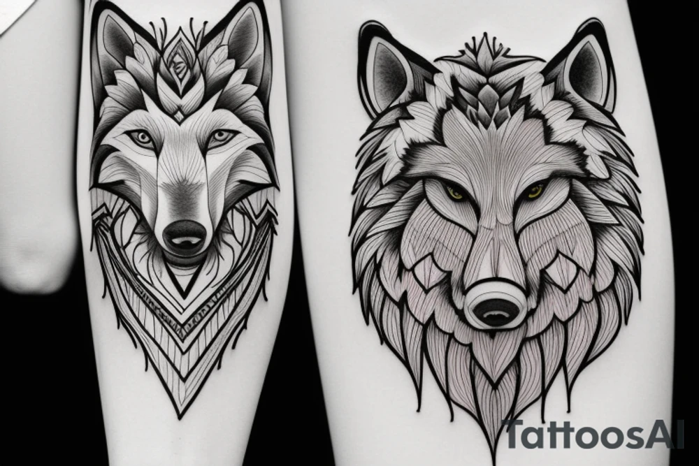 Big tree wolf and girl tattoo idea