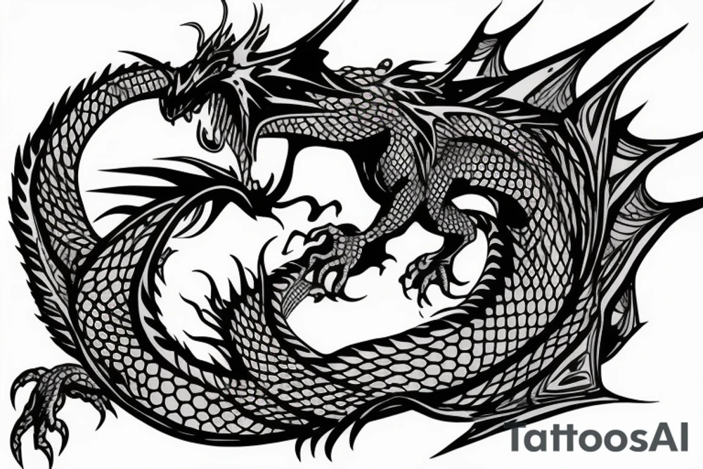 dragon sitting on shoulder, tail on the arm and head on the chest tattoo idea