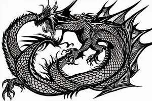 dragon sitting on shoulder, tail on the arm and head on the chest tattoo idea