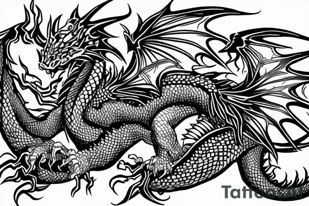 dragon sitting on shoulder, tail on the arm and head on the chest tattoo idea