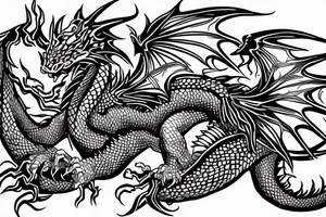 dragon sitting on shoulder, tail on the arm and head on the chest tattoo idea