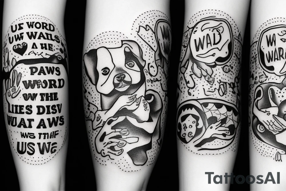Married couple with a little dog‘s paw and the words „us against the world“ tattoo idea