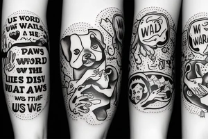 Married couple with a little dog‘s paw and the words „us against the world“ tattoo idea