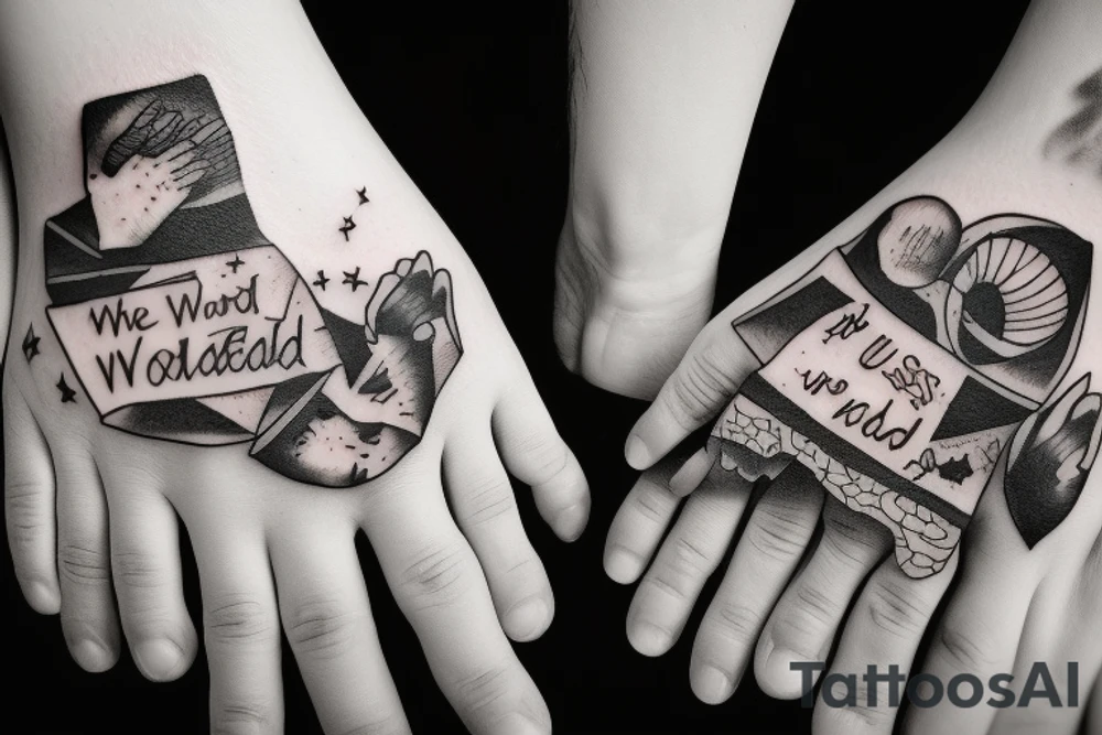 Married couple with a little dog‘s paw and the words „us against the world“ tattoo idea