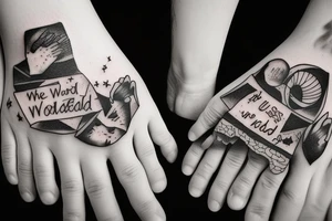 Married couple with a little dog‘s paw and the words „us against the world“ tattoo idea