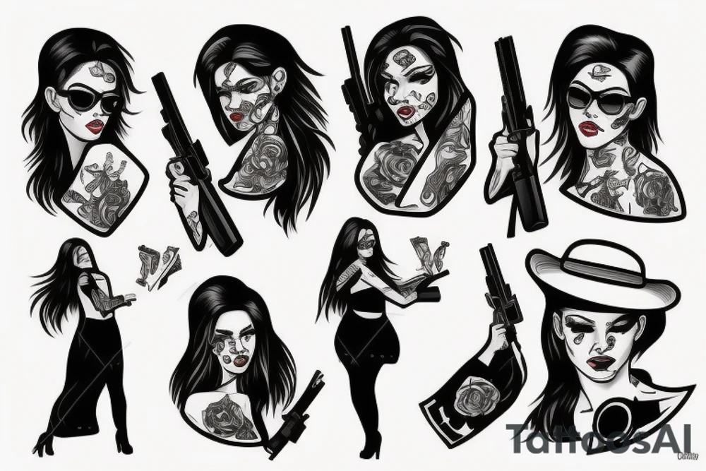 Gangster girl with gun money tattoo idea