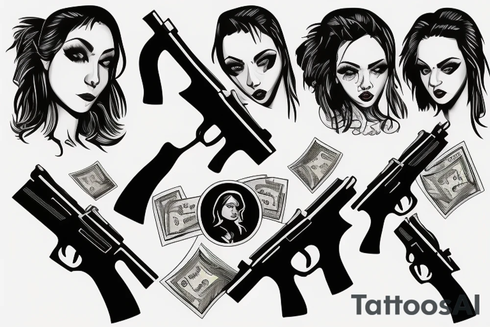 Gangster girl with gun money tattoo idea