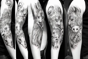 Animals to represent father and two daughters for an upper left arm half sleeve tattoo idea