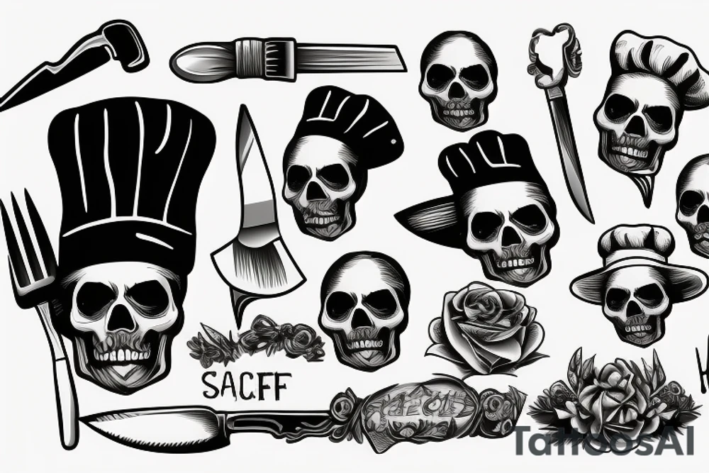 skull pierced by a chef's knife with a chef's hat tattoo idea