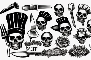 skull pierced by a chef's knife with a chef's hat tattoo idea