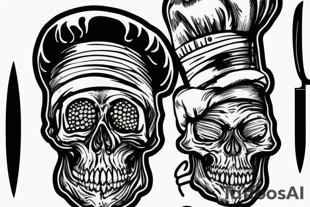 skull pierced by a chef's knife with a chef's hat tattoo idea