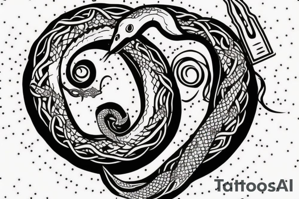 the tattoo will be on the back there should be a sword and a snake there and it will go through the middle of the crescent is 30-40 centimeters tattoo idea