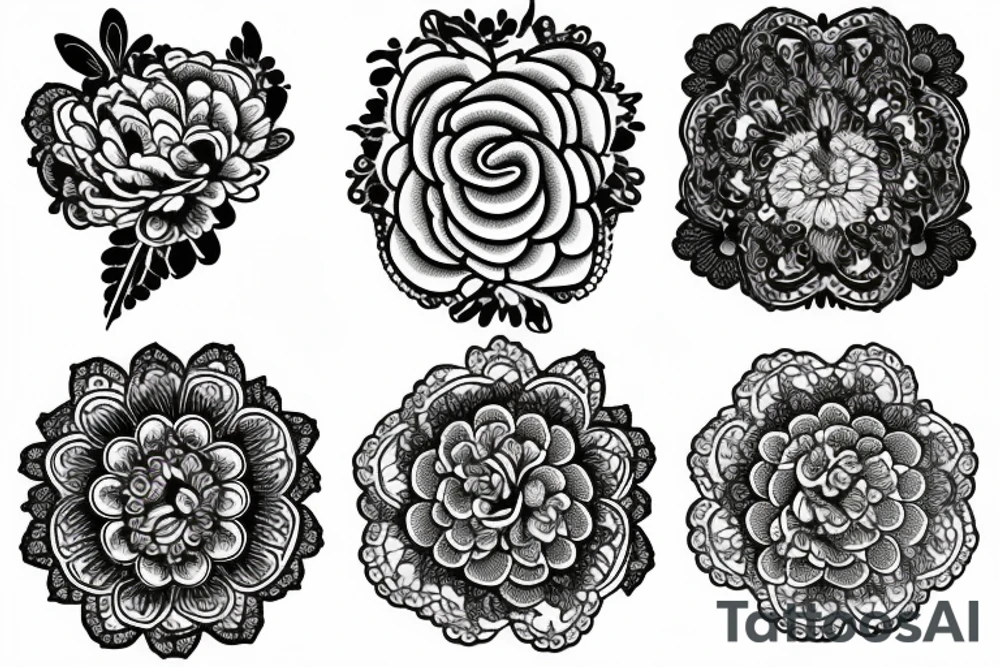 Intricate Lace Filagree with jewels and a peony flower as the centerpiece tattoo idea