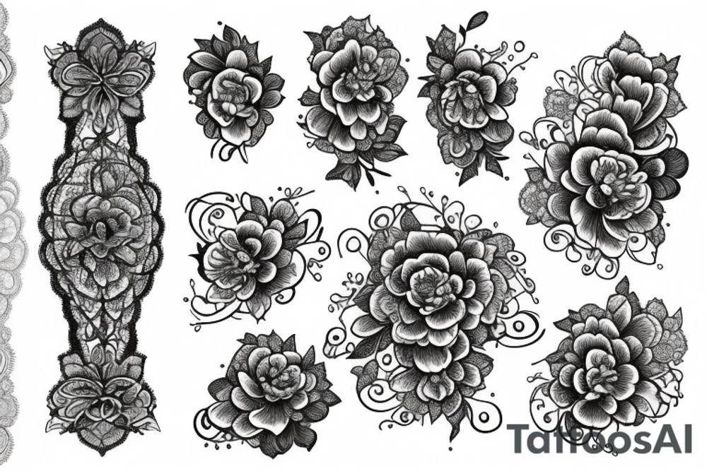 Intricate Lace Filagree with jewels and a peony flower as the centerpiece tattoo idea