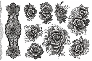 Intricate Lace Filagree with jewels and a peony flower as the centerpiece tattoo idea