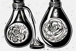 a round bottle of mana that is empty and the rest of the liquid is dripping from it tattoo idea