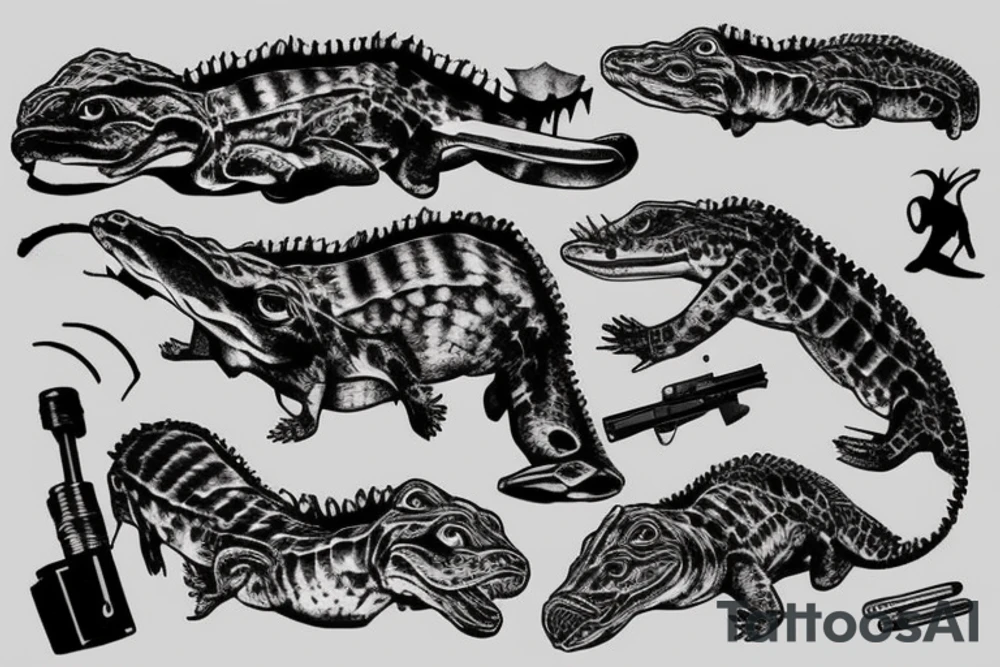 Gun behind crocodile tattoo idea