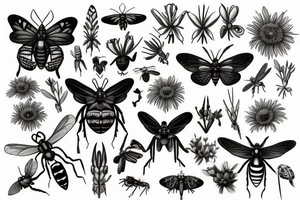 Botanical with Butterfly, dragonfly, phacelia, bee, gladiolus, echinacea, foxglove, snapdragon, caterpillar, valeriana,Hummingbird, grasshopper, orb weaver spider, ladybug, cricket, praying mantis tattoo idea