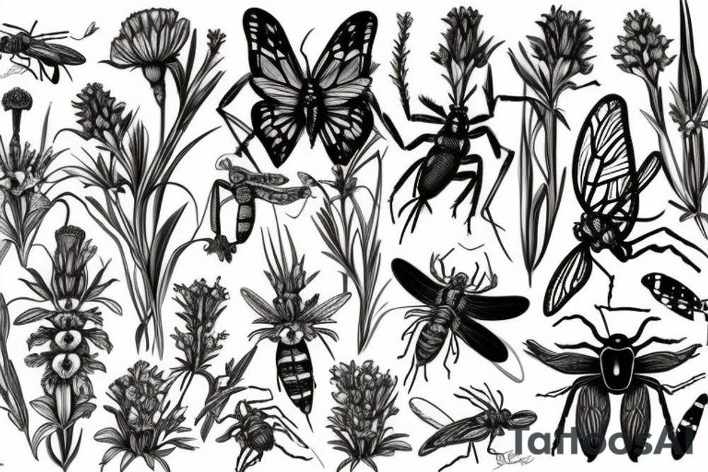 Botanical with Butterfly, dragonfly, phacelia, bee, gladiolus, echinacea, foxglove, snapdragon, caterpillar, valeriana,Hummingbird, grasshopper, orb weaver spider, ladybug, cricket, praying mantis tattoo idea