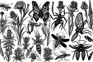 Botanical with Butterfly, dragonfly, phacelia, bee, gladiolus, echinacea, foxglove, snapdragon, caterpillar, valeriana,Hummingbird, grasshopper, orb weaver spider, ladybug, cricket, praying mantis tattoo idea