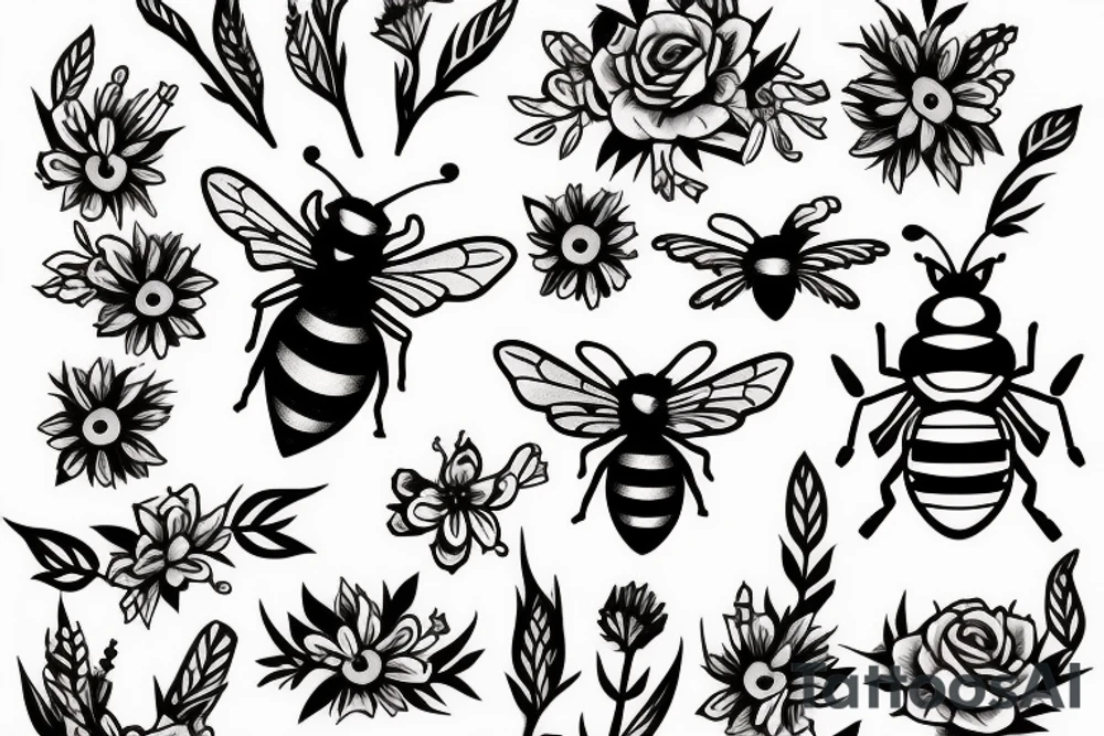 Queen Bee with a tilted crown with wild flowers on the bee and hanging from the crown tattoo idea