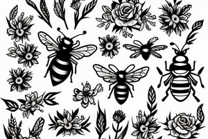 Queen Bee with a tilted crown with wild flowers on the bee and hanging from the crown tattoo idea