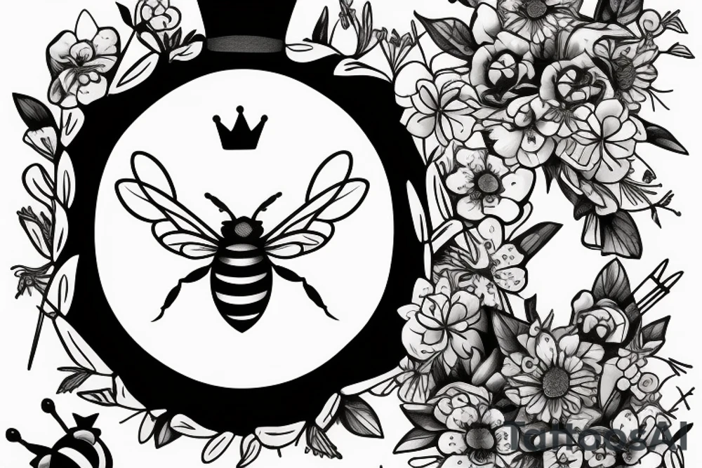 Queen Bee with a tilted crown with wild flowers on the bee and hanging from the crown tattoo idea