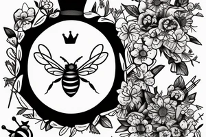 Queen Bee with a tilted crown with wild flowers on the bee and hanging from the crown tattoo idea