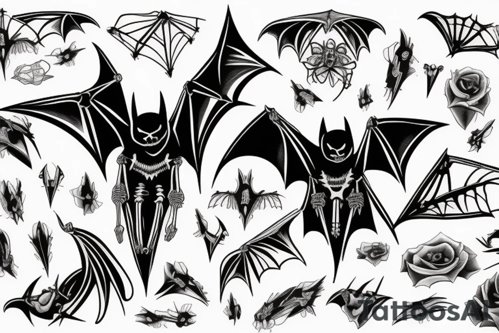 A outline of a bat with a bat skeleton inside tattoo idea