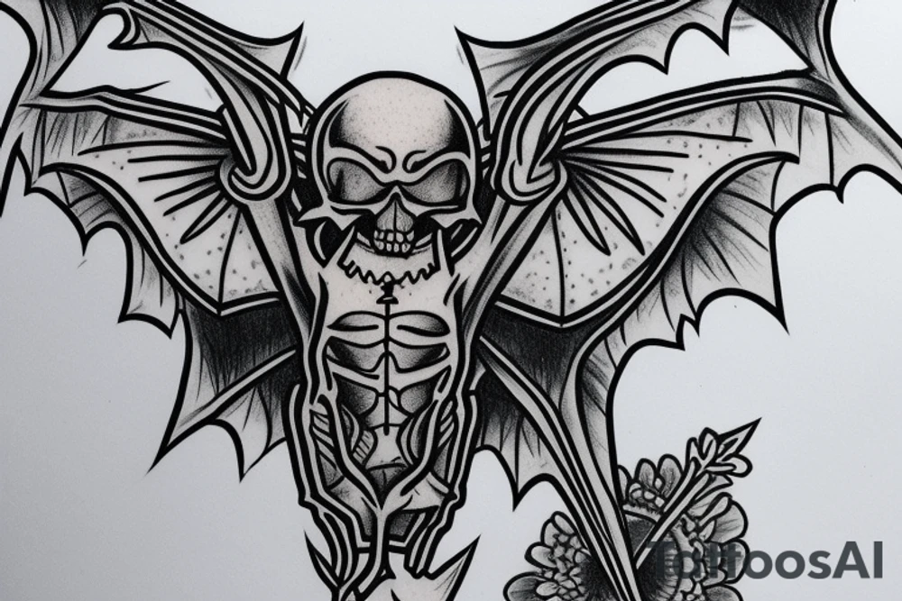 A outline of a bat with a bat skeleton inside tattoo idea