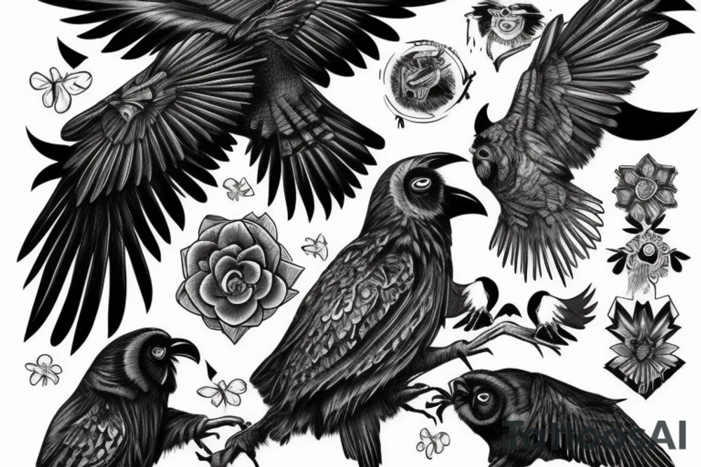 A raven and an owl fighting each other tattoo idea