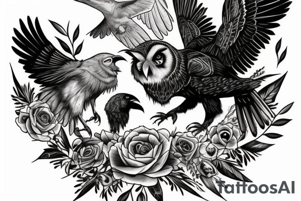 A raven and an owl fighting each other. bear on the shoulder tattoo idea