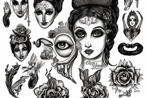 the goddess Fortuna with the curse of luck written on her eyes tattoo idea