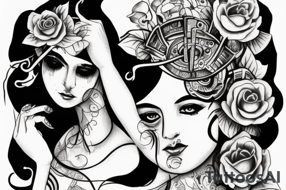 the goddess Fortuna with the curse of luck written on her eyes tattoo idea