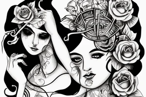 the goddess Fortuna with the curse of luck written on her eyes tattoo idea