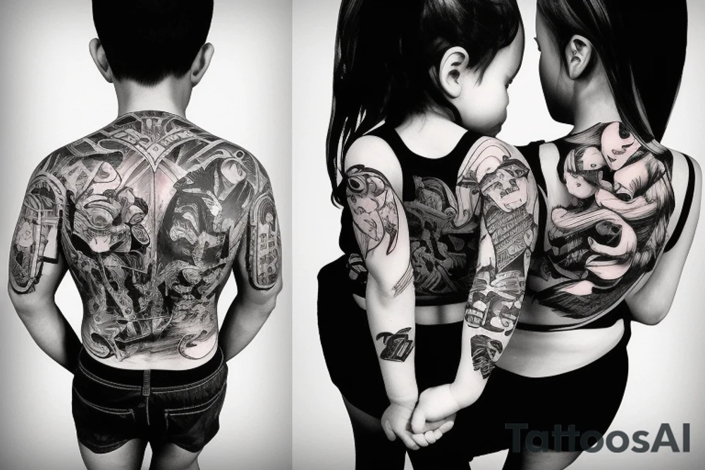 Father protecting Daughter family sleeve tattoo idea