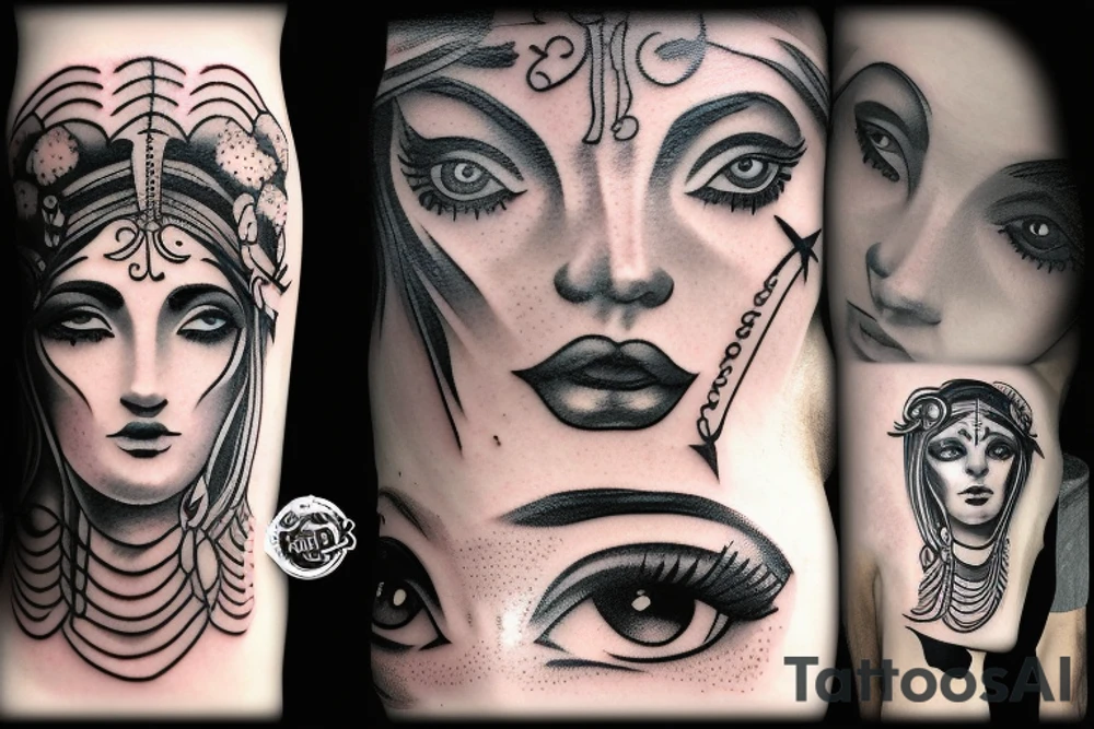 the greek goddess Fortuna with the curse of luck written on her eyes tattoo idea