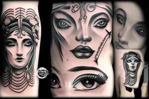 the greek goddess Fortuna with the curse of luck written on her eyes tattoo idea