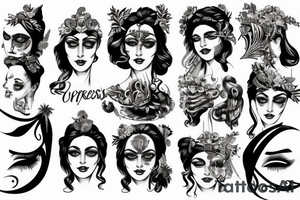 the greek goddess Fortuna with the curse of luck written on her eyes tattoo idea