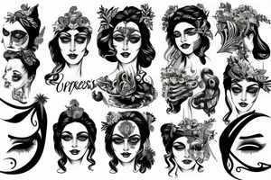 the greek goddess Fortuna with the curse of luck written on her eyes tattoo idea