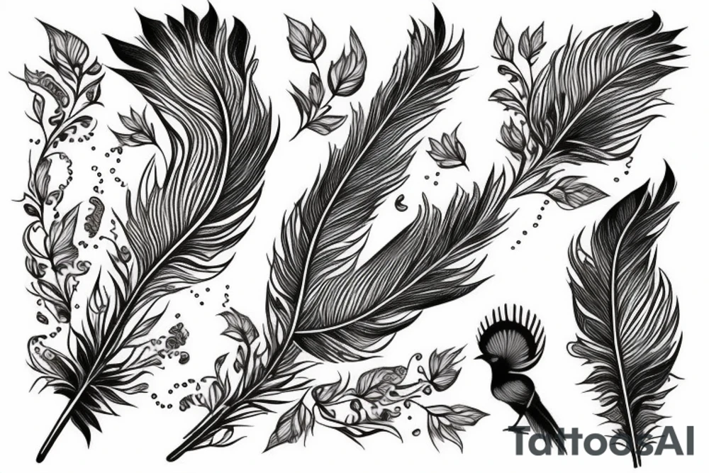 Peony with a peacock feather and a crow tattoo idea