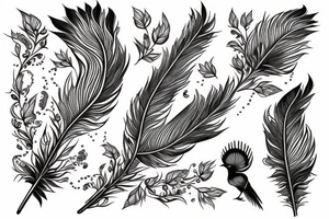 Peony with a peacock feather and a crow tattoo idea