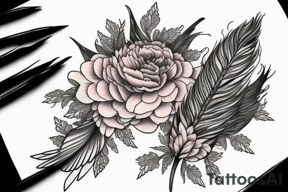Peony with a peacock feather and a crow tattoo idea