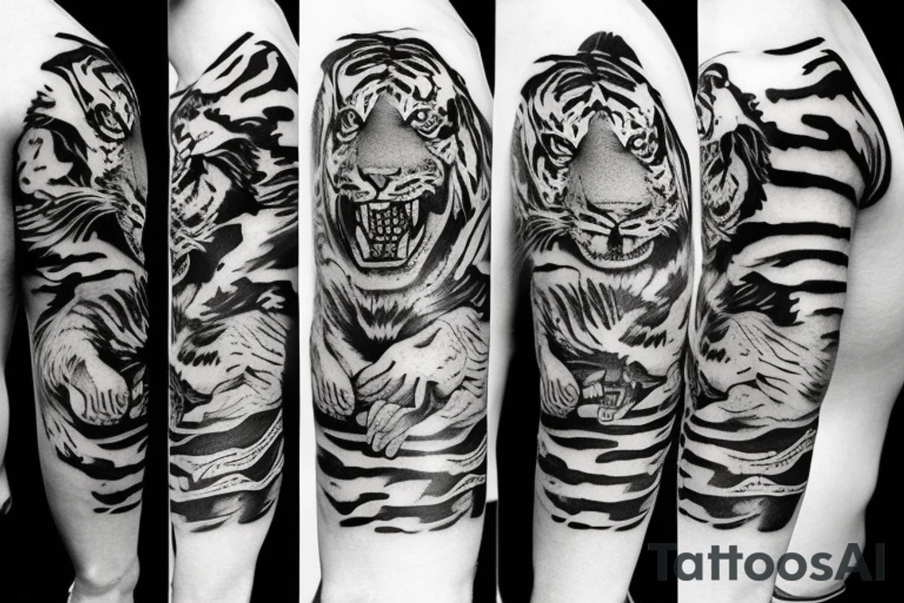 tattoo on full arm with tiger sushi and knife tattoo idea